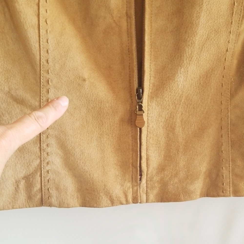 Tan Suede Leather quilted Vest faux fur collar - Picture 7 of 8